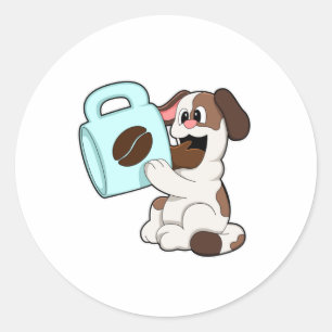 Pegatina Redonda Perro con taza de café