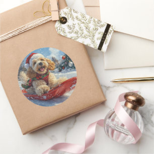 Pegatina Redonda Perro coquetero español con manchas y Navidades de