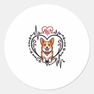 Pegatina Redonda Perro Corgi Corazón Latido Ekg Corbata Patas