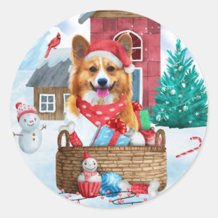 Pegatina Redonda Perro Corgi En Casa De Perros De Navidades De Niev