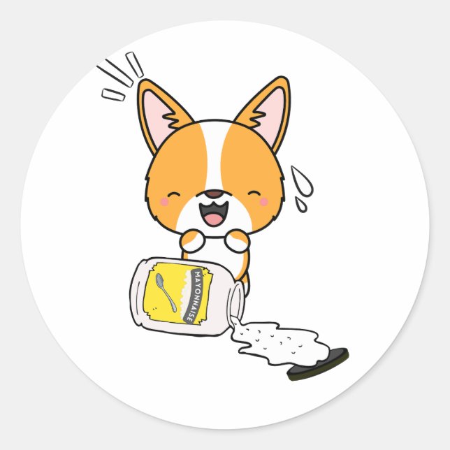 Pegatina Redonda Perro corgi gracioso derramado mayonesa (Anverso)