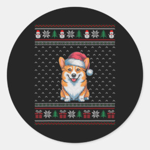 Pegatina Redonda Perro Corgi Usando Sombrero Santa Fea Xmas Amantes