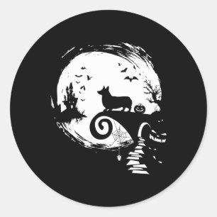 Pegatina Redonda Perro Corgi Y Moon Halloween Disfraz Perro Lover D