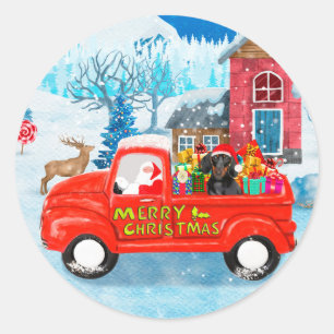 Pegatina Redonda Perro Dachshund en Camión de Entrega de Navidad Ni