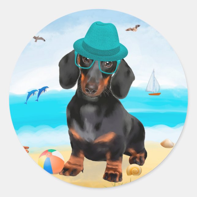 Pegatina Redonda Perro Dachshund en la Playa (Anverso)