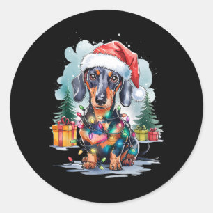 Pegatina Redonda Perro Dachshund Gorro de Santa Luces de Navidad Ár