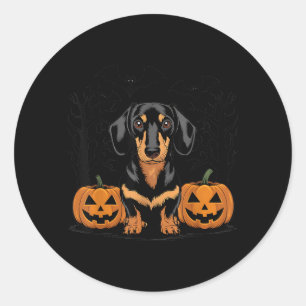 Pegatina Redonda Perro Dachshund Negro Y Castaño De Halloween Con