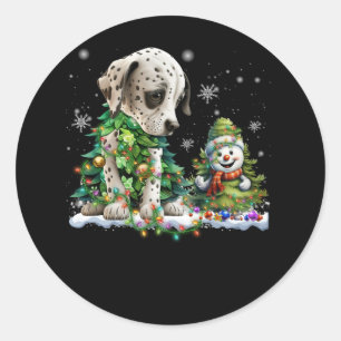 Pegatina Redonda Perro dálmata árbol de Navidad iluminando Santa Da
