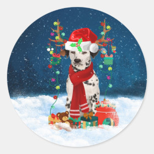 Pegatina Redonda Perro dálmata con regalos de Navidades