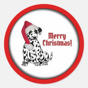 Pegatina Redonda Perro dálmata Gorro de Navidad Rojo Feliz Navidad