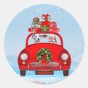Pegatina Redonda Perro Dalmatiano En Coche Con Santa Claus