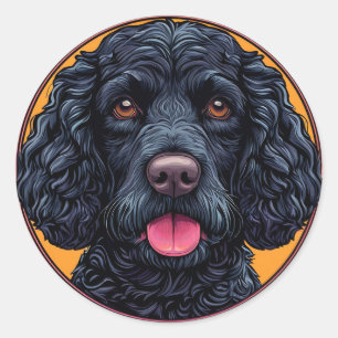 Pegatina Redonda Perro de Agua Americano Arte Rústico de Perro