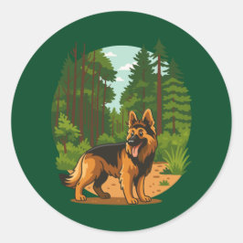 Pegatina Redonda Perro de aventura Pastor Alemán en el bosque 