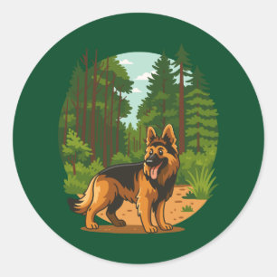 Pegatina Redonda Perro de aventura Pastor Alemán en el bosque