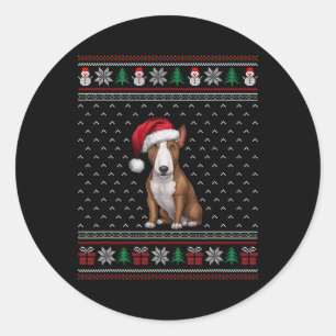 Pegatina Redonda Perro de Bull Terrier con Santa Hat Perro de Navid