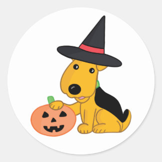 Pegatina Redonda Perro de cachorro de Halloween en Gorra de brujas 