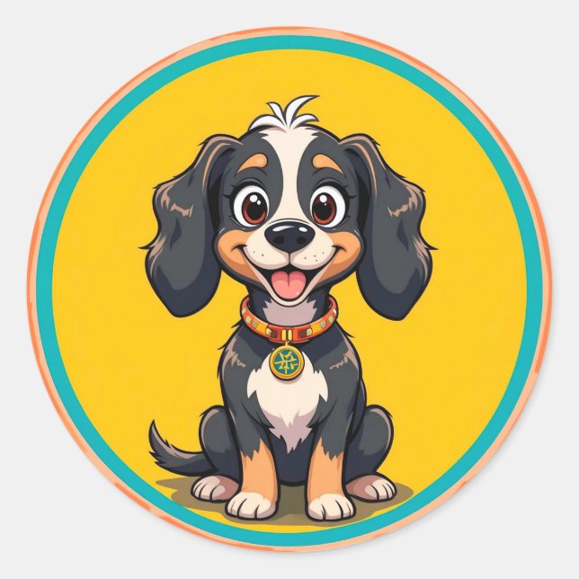Pegatina Redonda Perro de caricatura feliz en un marco circular col (Anverso)
