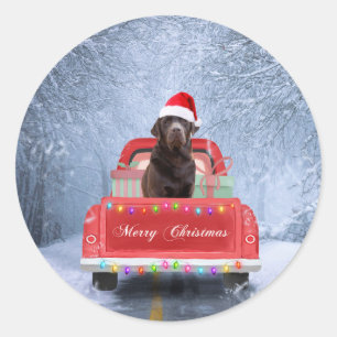 Pegatina Redonda Perro de chocolate labrador en auto de Navidades d