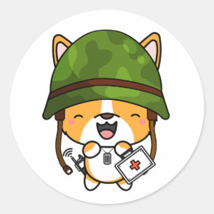 Pegatina Redonda Perro de Corgi con casco militar