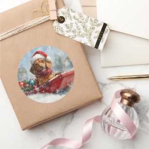 Pegatina Redonda Perro de Dachshund en la cornisa, Navidades de la 