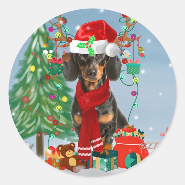 Pegatina Redonda Perro de Dachshund en nieve con Navidades (Anverso)