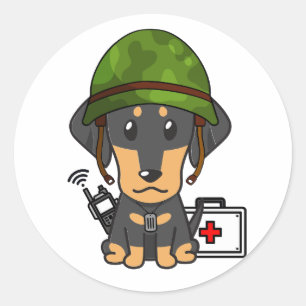 Pegatina Redonda Perro de Dachshund vestido con casco del ejército