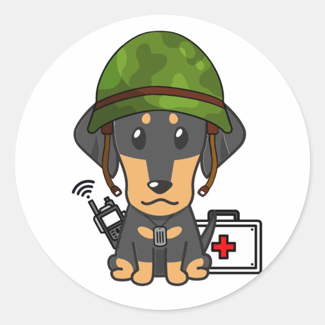 Pegatina Redonda Perro de Dachshund vestido con casco del ejército (Anverso)