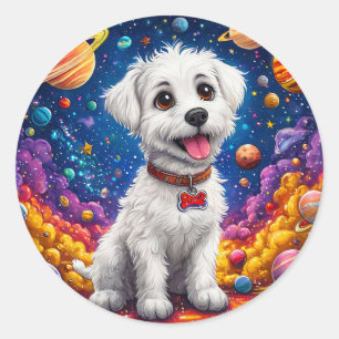 Pegatina Redonda Perro de dibujos animados lindo en el espacio