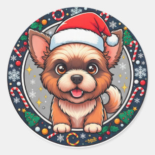 Pegatina Redonda Perro de dibujos animados navideños festivos