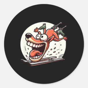 Pegatina Redonda Perro de esquí loco dibujos animados bajada humor