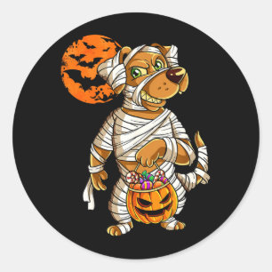 Pegatina Redonda Perro de Halloween de calabaza momia