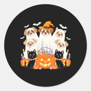 Pegatina Redonda Perro de Halloween disfrazado de fantasma Perro de