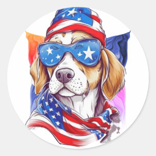 Pegatina Redonda Perro de la Bandera Americana 4 de julio