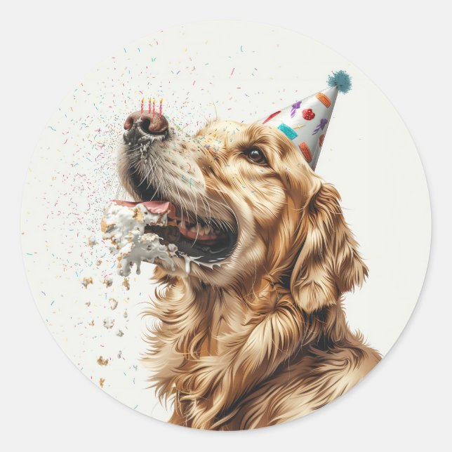 Pegatina Redonda Perro de la recuperación dorada del cumpleaños (Anverso)
