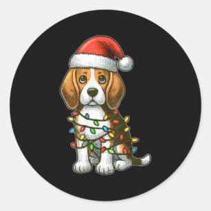 Pegatina Redonda Perro de luces de Navidad de Santa Beagle Feliz Na