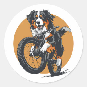 Pegatina Redonda Perro De Montaña De Berna Montando Una Bicicleta D
