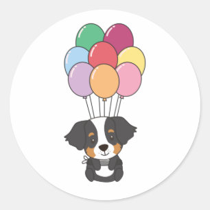 Pegatina Redonda Perro de montaña de Berna vuela con globos colorid