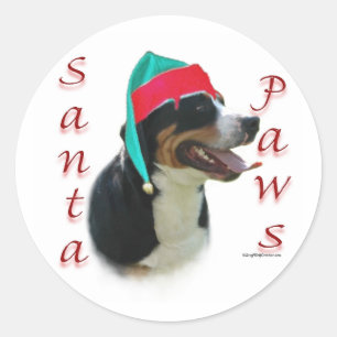 Pegatina Redonda Perro de montaña suizo de mayor tamaño Santa Paws