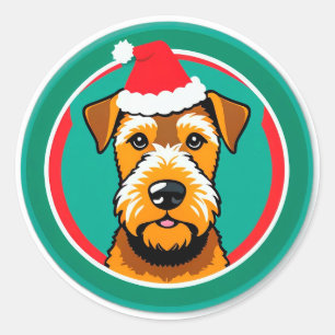 Pegatina Redonda Perro de Navidad Adorable con Sombrero de Santa