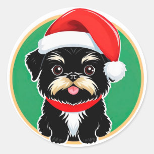 Pegatina Redonda Perro de Navidad Adorable con Sombrero de Santa