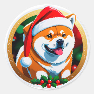 Pegatina Redonda Perro de Navidad Adorable con Sombrero de Santa