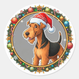 Pegatina Redonda Perro de Navidad Adorable con Sombrero de Santa
