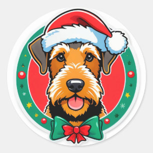 Pegatina Redonda Perro de Navidad Adorable con Sombrero de Santa
