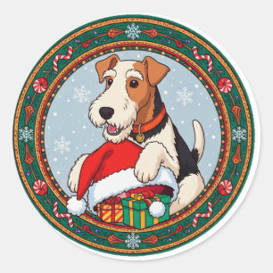 Pegatina Redonda Perro de Navidad Adorable con Sombrero de Santa