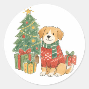 Pegatina Redonda Perro de Navidad con Jersey y Árbol de Navidad