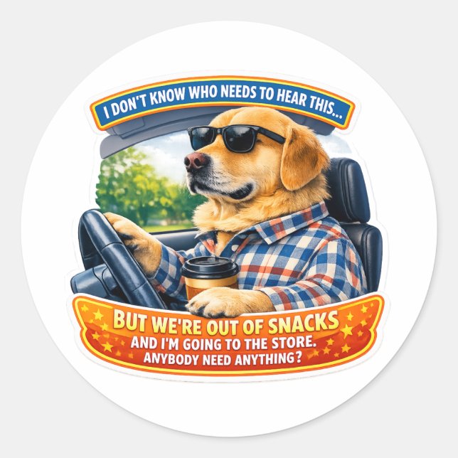 Pegatina Redonda Perro de Oro Divertido Comedia Coche Arte Meme Hum (Anverso)