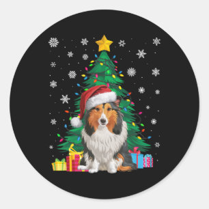 Pegatina Redonda Perro de oveja de árbol de navidad dulce brillante