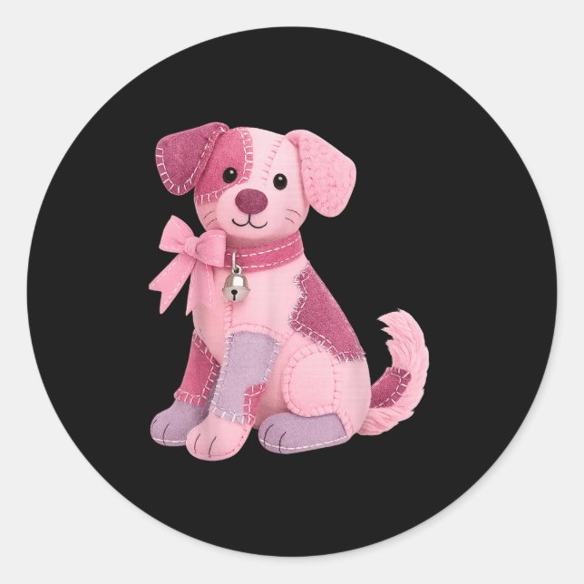Pegatina Redonda Perro de patchwork cinta rosa Conciencia del cánce (Anverso)