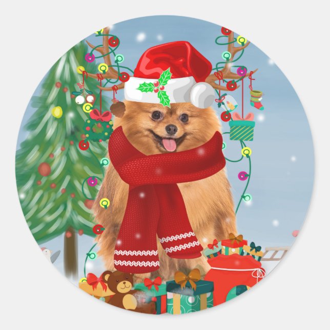 Pegatina Redonda Perro de Pomerania con regalos de Navidades (Anverso)