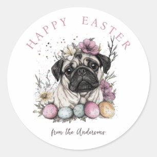 Pegatina Redonda Perro de pug ruso Botánica de Pascua